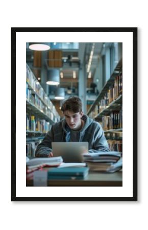 A young man is sitting at a table in a library with a laptop open in front of him. He is wearing a gray hoodie and he is focused on his work. The library is filled with books