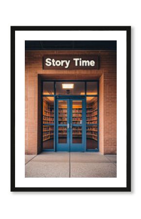 A welcoming library entrance featuring Story Time sign, inviting visitors to explore world of books and stories. brick facade and glass doors create warm atmosphere