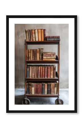 Vintage library book cart with stack of new books, showcasing collection of old, worn out volumes. cart adds nostalgic touch to any space, perfect for book lovers