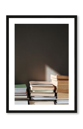 Aesthetic book background, old stacked books, with copy space, vintage and retro mood