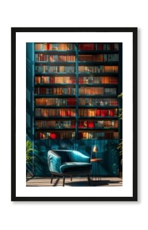 Cozy home library featuring organized books and a comfortable reading chair for relaxation