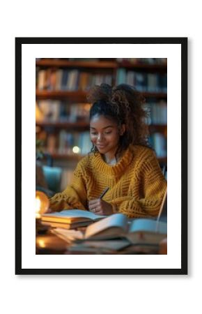 A black woman studies in a cozy library surrounded by books during evening hours