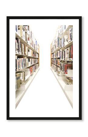 Aisles in a public library with shelves full of books isolated.