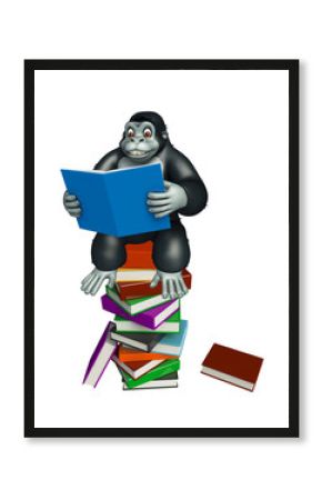 cute Gorilla cartoon character with book stack