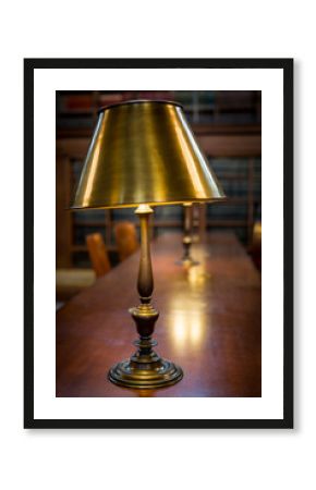 Retro style copper desk lamp in library 