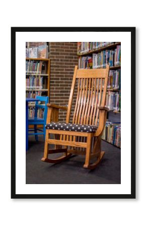 A beautiful oak rocker sits ready for a story time event at this beautiful library