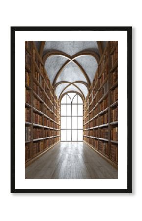 Light coming through arched window in library or reading room with many old books.Vintage style.3d rendering