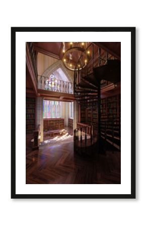 A gothic fantasy library with big table, chairs and bookshelves filled with books.