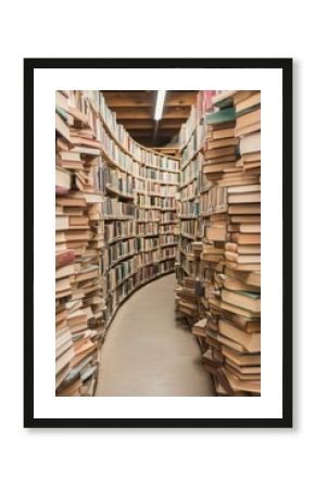 Explore a winding pathway between towering bookshelves filled with a myriad of books in a vintage library that invites readers into its cozy atmosphere