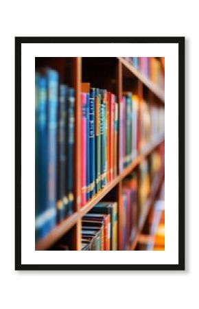 Rows of colorful hardcover books neatly arranged on wooden library shelves, creating a warm and inviting atmosphere of knowledge and literary exploration