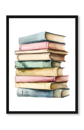 Watercolor stack of vintage books with colorful covers, cut out - stock png.