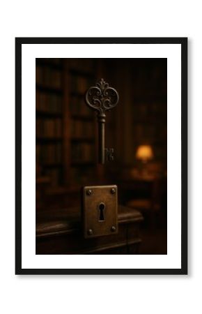 Key floating above a lock in a dimly lit library setting at night