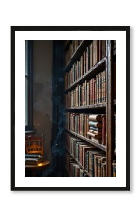 old books stacked on shelf in dimly lit library, dust motes floating in the air.