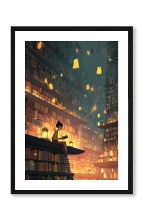 Reading atop a towering bookcase in a magical library setting.