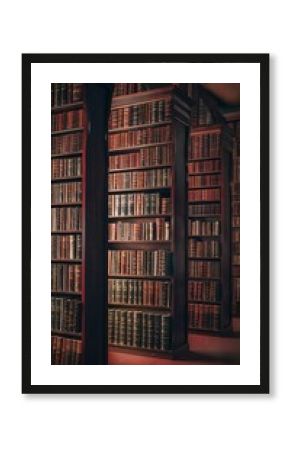 Classical library interior with bookshelves and antique volumes stored in a dark wooden room