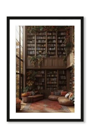 Autumnal library with cozy seating