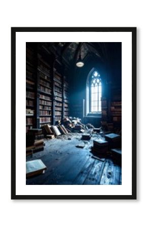 Dark, abandoned library interior with sunlight streaming through a gothic window, evoking mystery and history.