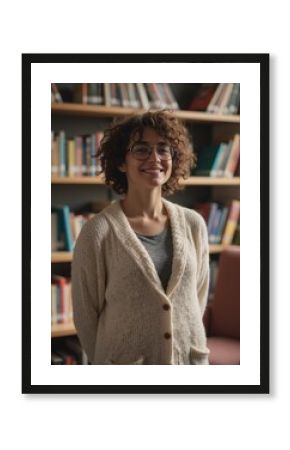 Smiling librarian standing confidently by a bookshelf in a cozy library