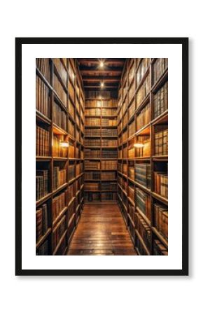 High angle view of row upon row of old leather-bound books stacked on wooden library shelves in a dimly lit room