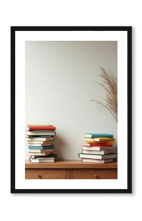 Stacks of books in various sizes and colors aligned creatively near a cozy reading nook with natural light pouring in