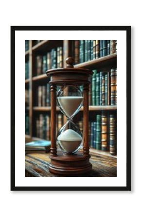 Elegant Hourglass on Wooden Desk with Bookshelf Backdrop, Timeless Beauty and Knowledge