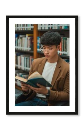 Man with glasses reading a book in a library sitting in a chair wearing a brown jacket and a watch