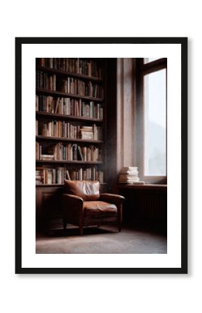 Inviting scene of a classic library with a leather armchair beside a window. Evokes warmth, relaxation, and a love of reading. Ideal for editorial or design projects.