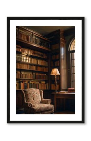 Cozy Reading Room: Step into a beautifully designed room with wooden bookshelves, a comfortable armchair, and a warm table lamp, creating the perfect setting for reading and relaxation.