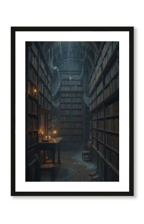 Old library with bookshelves and cobwebs creating a mysterious and spooky atmosphere