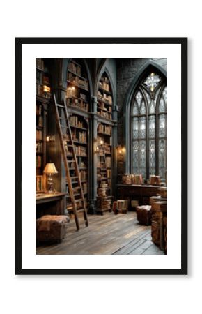 Cozy castle library reading corner with tall windows