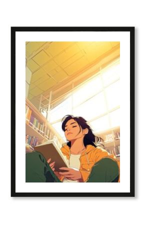 Woman reading a book in a sunlit library
