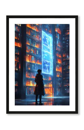 Futuristic Library Environment with Glowing Shelves and Interactive Displays