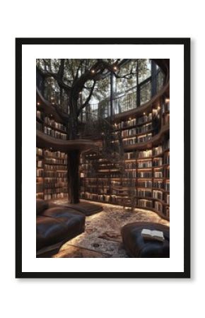 Cozy treehouse library with bookshelves, a spiral staircase, and comfortable leather seating.