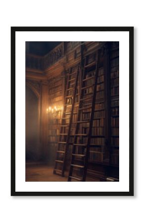 Ancient Library with Towering Bookcases and Vintage Lamps  