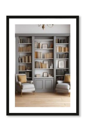 Elegant Classic Home Library Interior with Gray Bookcase, Two Cozy Armchairs, and Wooden Floor