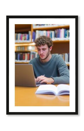 Focused smart male student reading textbook in library, writing notes for essay, scientific article, research paper, sitting at table with laptop, studying open book.