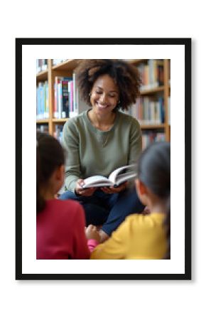 A black female teacher reads a book to engaged children in a cozy library setting, fostering a love for reading and learning