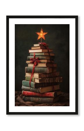A stack of antique books forms a Christmas tree