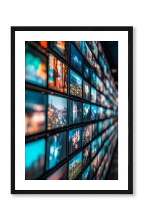 Dynamic wall of digital screens showcasing fast paced media content production in modern era