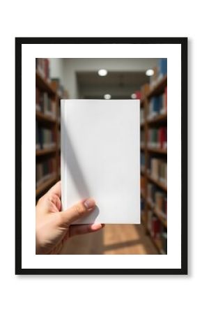 Person holding a blank white book in front of library shelves for mockup and design
