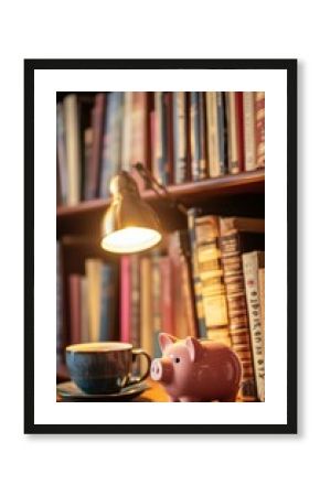 Savings for Lifelong Learning with a Piggy Bank and Classic Literature Display