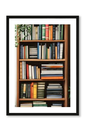 Wooden Bookshelf Filled with Books and Plants.