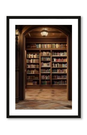 A cozy library with wooden shelves filled with colorful books.