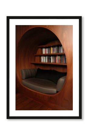 Cozy reading nook with shelves in modern wooden design
