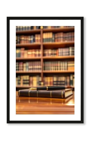 Elegant pen resting on antique book in library setting, embracing knowledge and literature, reading and writing, copy space on top