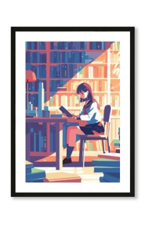 Girl Studying in a Sunlit Library Filled with Books. Vibrant Anime Illustration.