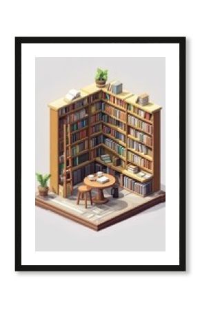Isometric illustration of a library corner with a wooden table and two chairs, bookshelves, and plants.