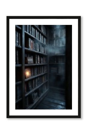 A mysterious dimly lit library hallway filled with old books and lingering fog.