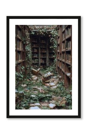 Overgrown library filled with scattered books and lush greenery in a forgotten space