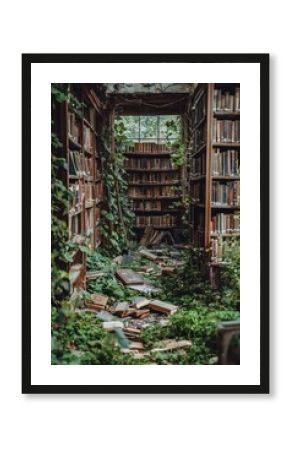 Abandoned library filled with overgrown plants and scattered books in a forgotten location